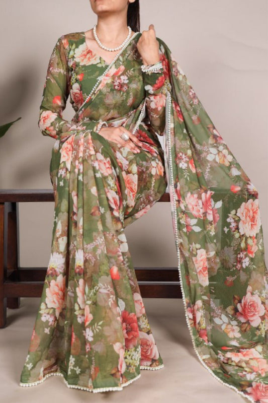 Elegant Pearl Lace Detailing Floral Printed Saree