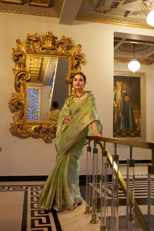 Tissue Shimmer Zari Weaving Work Shimmering Saree
