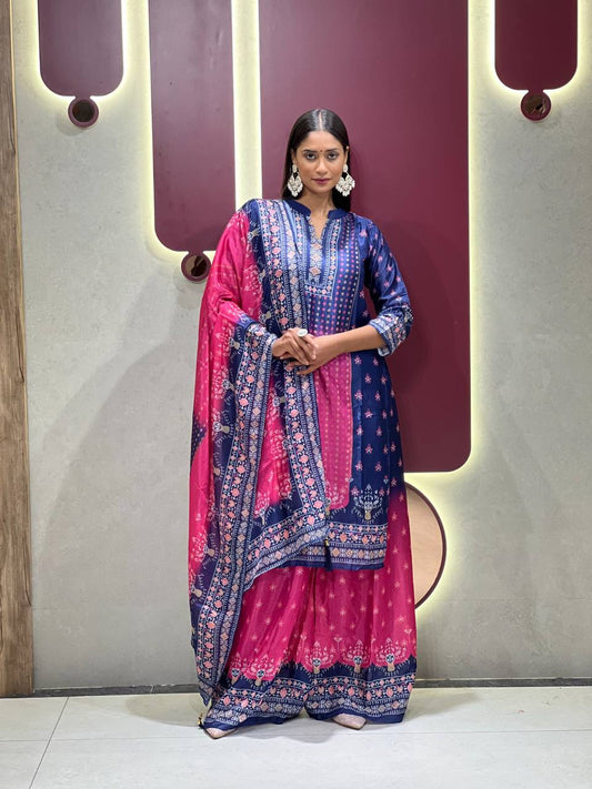 Ebullience Blue And Pink Chinon Embroidery With Printed Suit Set