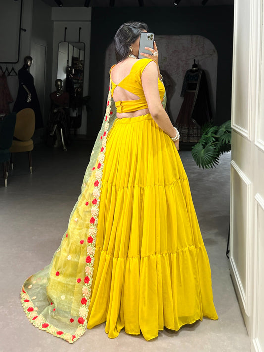 Yellow Ruffle Lehenga Choli with Floral Embroidered Dupatta