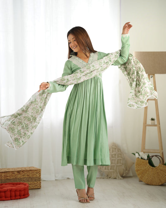 Enchanting Pista Green Traditional Pant Suit For Women