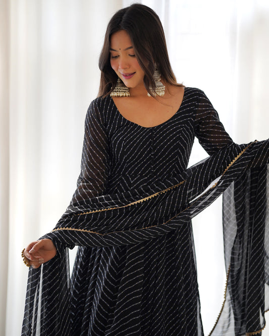 Designer Black Laheriya Printed Georgette Festive Wear Anarkali Pant Suit