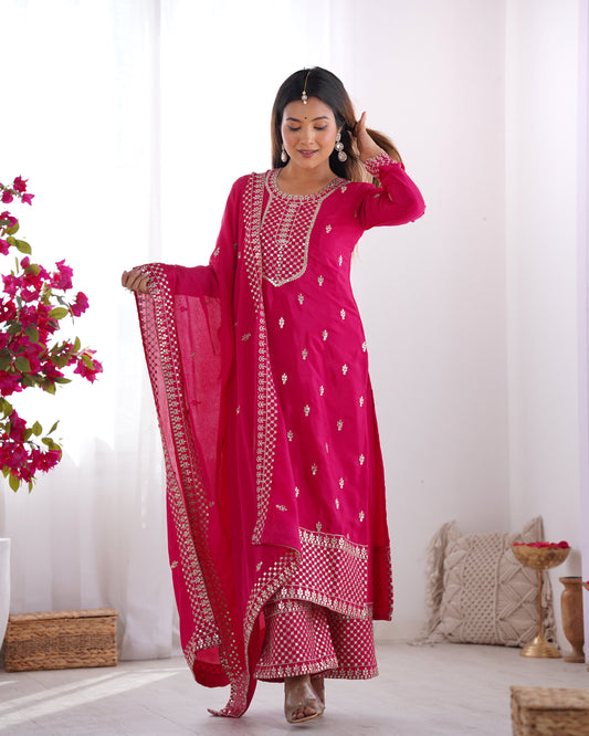 Gorgeous Pink Sequins Chinon Silk Party Wear Palazzo Suit