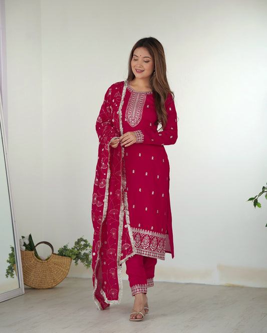 Attractive Rani Pink Embroidered Silk Festival Wear Pant Suit For Women