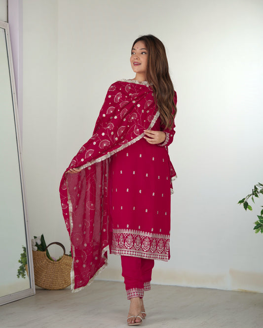 Attractive Rani Pink Embroidered Silk Festival Wear Pant Suit For Women