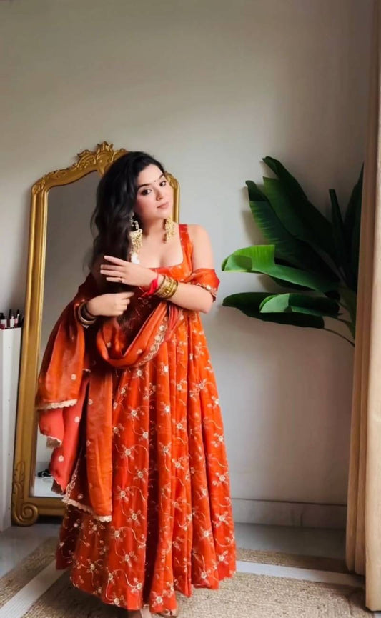 Blooming Orange Fendy Silk Thred With Sequnce Work Anarkali Suit Set