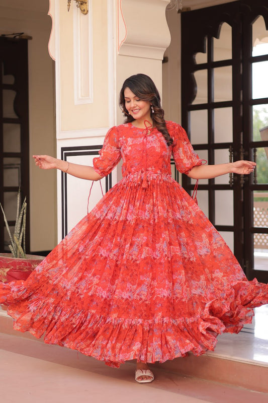 Beautiful Pink Printed Georgette Festive Wear Dress