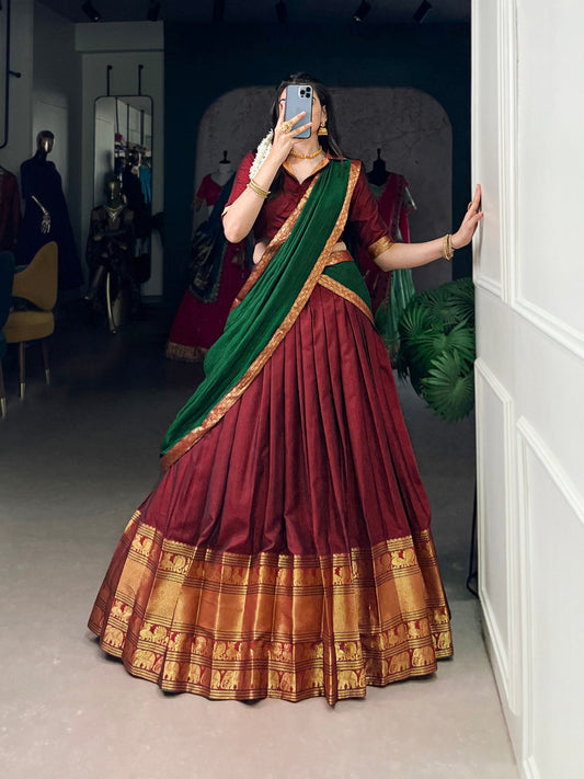 Vibrant Dual-Tone Lehenga in Emerald Green and Royal Purple with Rich zari weaving Border