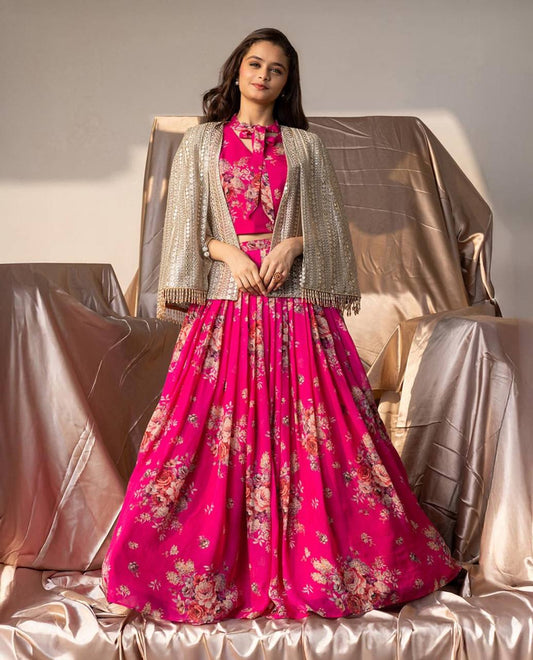 Floral Bloom Hot Pink Fusion Lehenga with Mirror Cape