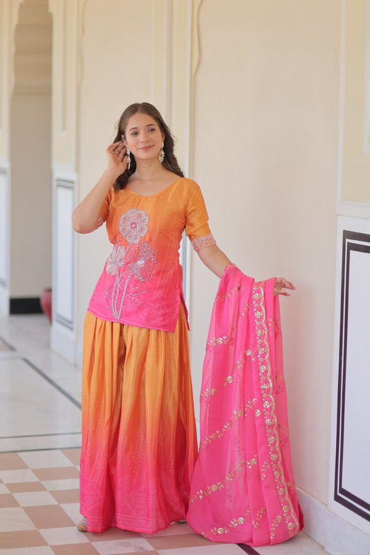 Bright Pink& Orange sharara suit with beads embroidery work