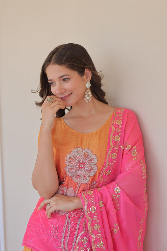 Bright Pink& Orange sharara suit with beads embroidery work