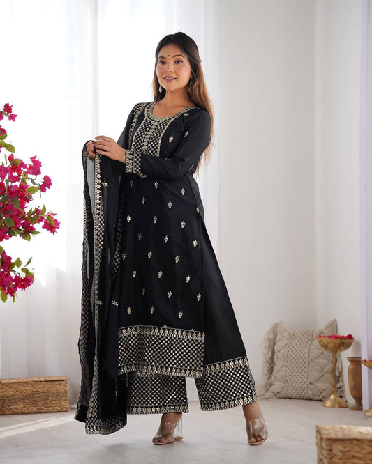 Festive Wear Black Sequins Chinon Silk Palazzo Suit With Dupatta