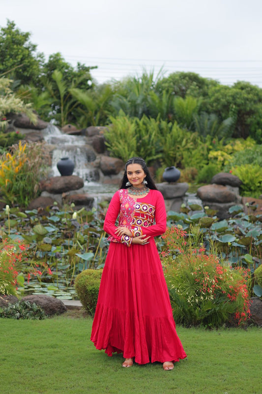 Ethnic Wine Navratri Gown with Peplum Top & Mirror Work