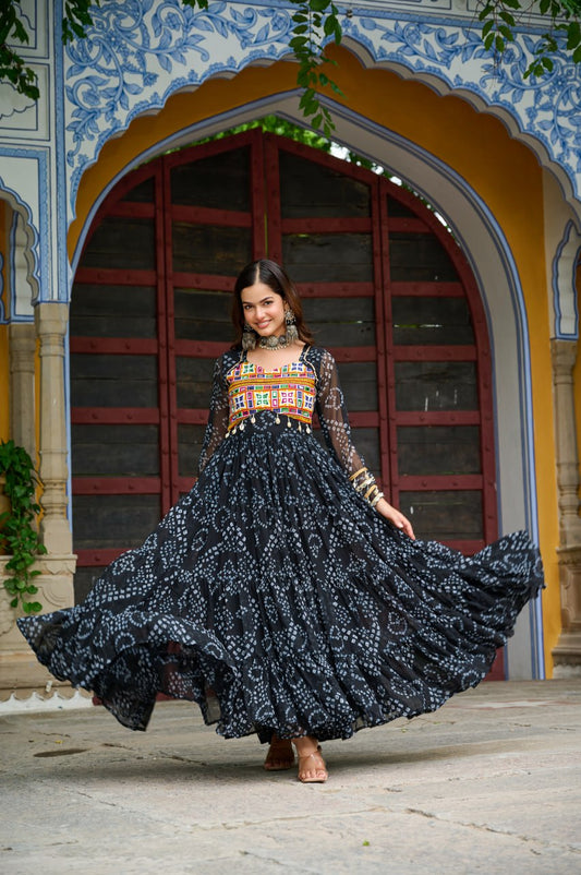Festive Black Georgette Gown with Traditional Kutchi Embroidery