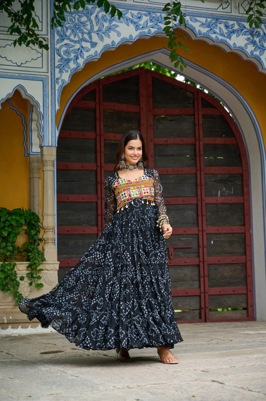 Festive Black Georgette Gown with Traditional Kutchi Embroidery