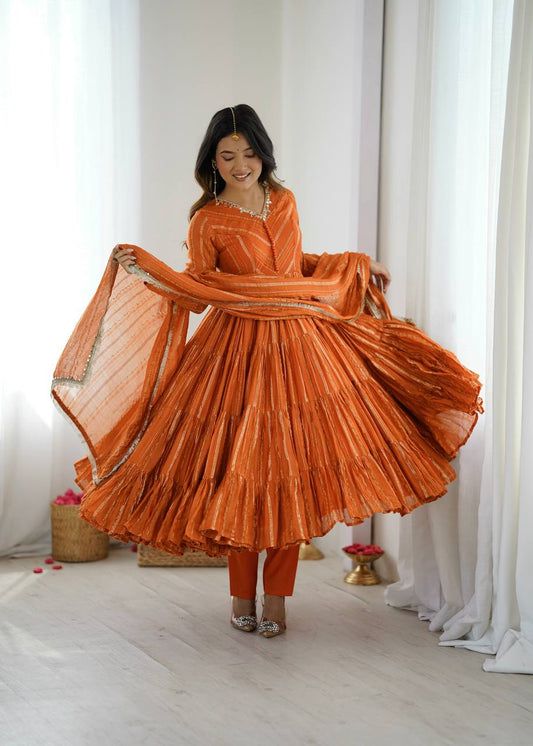 Designer Rust Orange Silk Blend Anarkali Set For Festive Wear