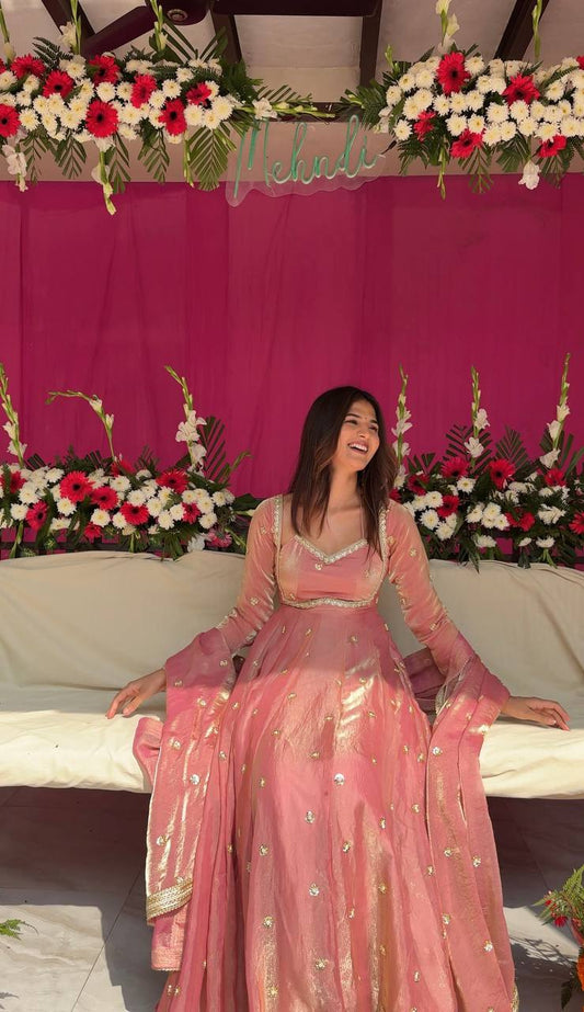 Elegant Dusty Pink Fendy Silk Embroidered Anarkali Suit with Dupatta