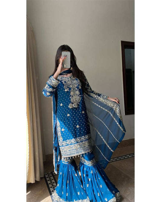 Teal Blue Heavy Embroidered Sharara Suit with Dupatta β Wedding & Festive Designer Set