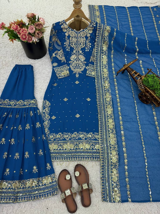 Teal Blue Heavy Embroidered Sharara Suit with Dupatta β Wedding & Festive Designer Set