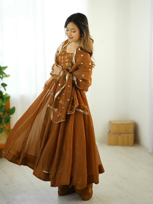 Premium Copper Brown Embroidered Anarkali Suit with Dupatta