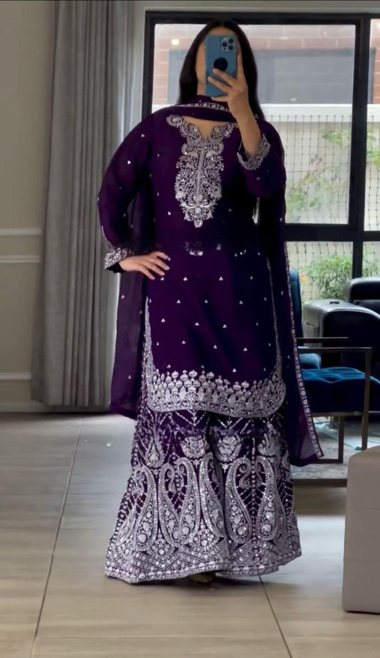 Plum Purple Embroidered Sharara Suit with Dupatta For Festive & Wedding Wear