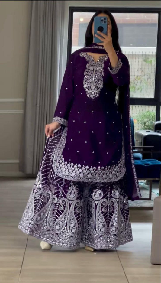 Plum Purple Embroidered Sharara Suit with Dupatta For Festive & Wedding Wear