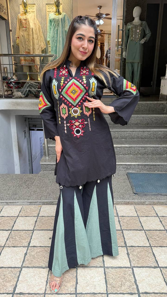 Fancy Design Black Embroidered Navratri Co-ord Set with Mirror Work For Festive Wear