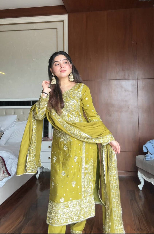 Designer Mehendi Green Traditional Suit with Dupatta