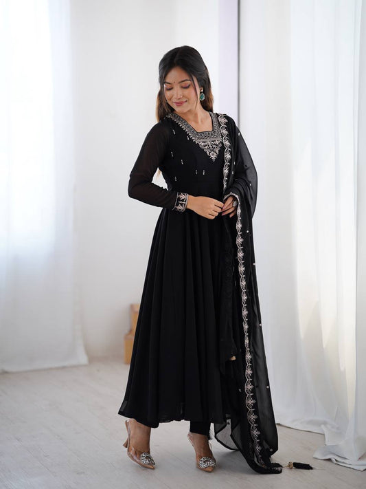 Majestic Black Beads Work Georgette Festive Wear Anarkali Suit