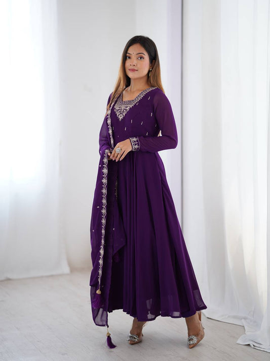 Fabulous Purple Embroidered Georgette Anarkali Suit With Dupatta