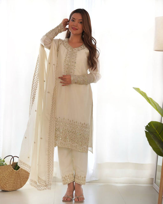Heavy Designer White Sequins Chinon Silk Traditional Pant Suit