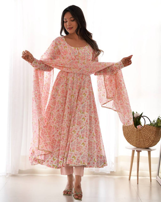 Impressive Peach Chiffon Floral Printed Casual Wear Anarkali Suit
