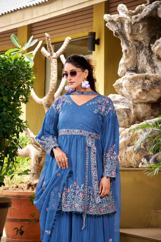 Designer Blue Plazzo Outfit with Elegant Embroidery Work