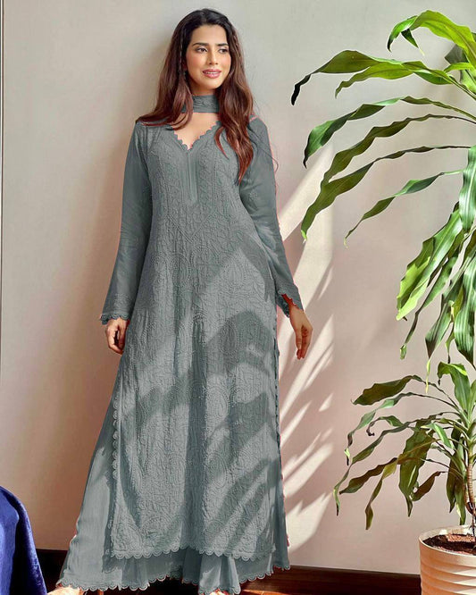 Stylish Grey Long Kurta Set for Party & Festive Wear For Women