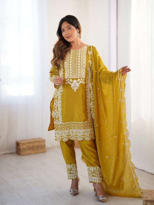 Mustard Yellow Embroidered Salwar Suit with Dupatta For Festive Ethnic Wear