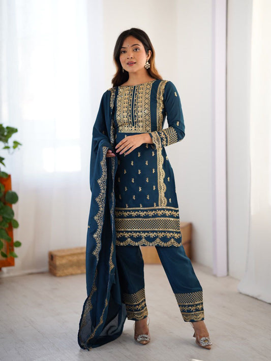 Teal Blue Embroidered Salwar Suit with Dupatta Festive & Party Wear