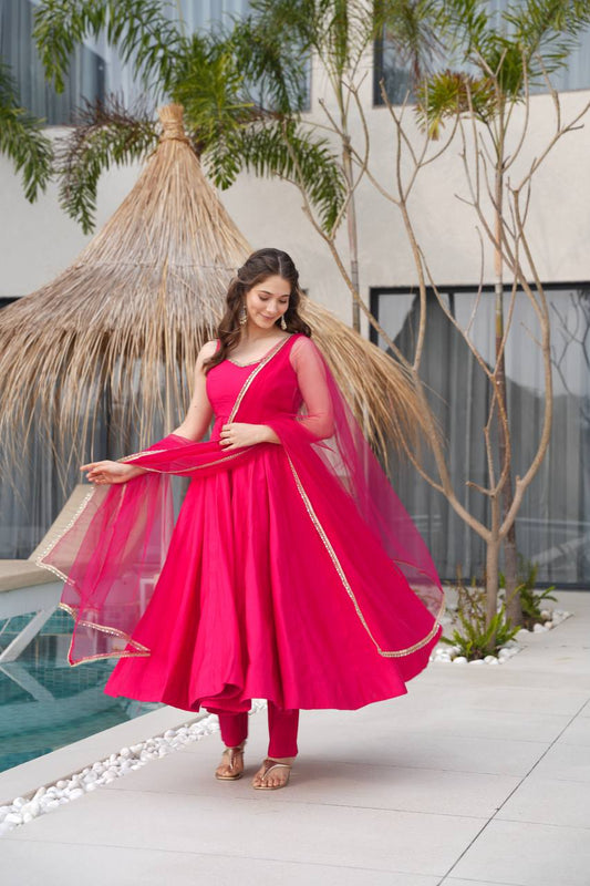 Designer Pink Chanderi Silk Lace Work Anarkali Suit For Women