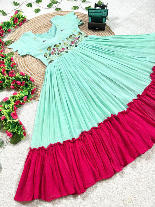 Festive Wear Sky Embroidered Gown with Contrast Flair