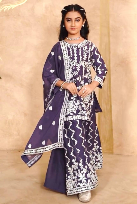 Festive Purple Heavy Thread Embroidery Plazzo Set For Kids