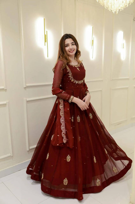 Maroon Embroidered Anarkali Gown with Dupatta Elegant Party & Festive Wear For Women