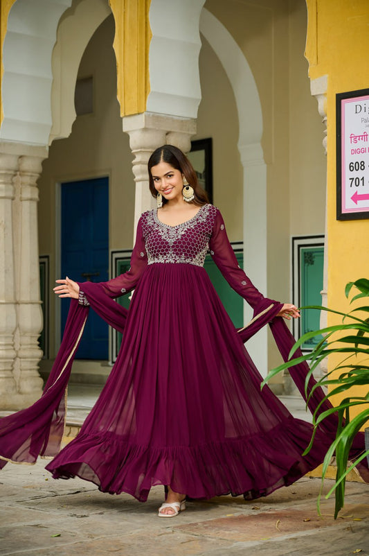 Plum Purple Embroidered Georgette Anarkali Suit with Dupatta Elegant Festive & Wedding Wear