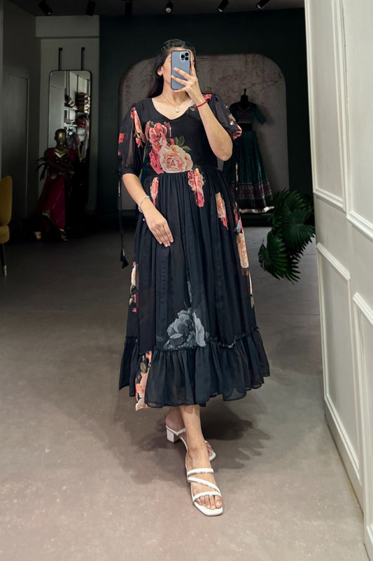 Black Floral Printed Georgette Dress