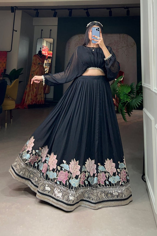 Black Georgette Sequins Thread Embroidered Co-Ord Set