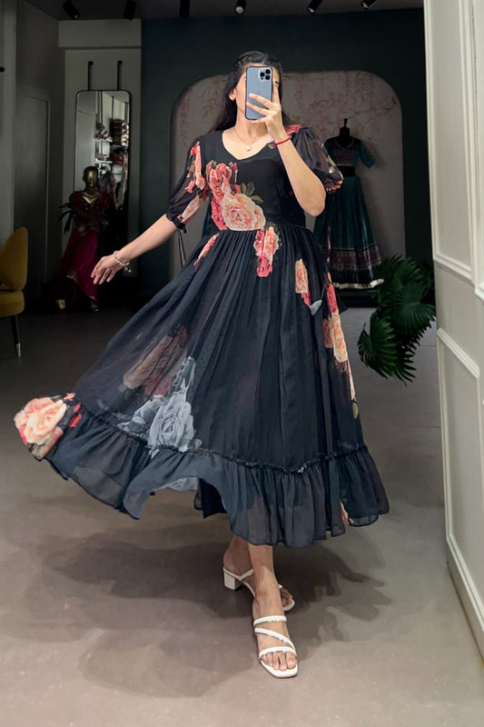 Black Floral Printed Georgette Dress