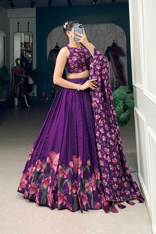 Floral Print Foil Work Silk Lehenga Choli