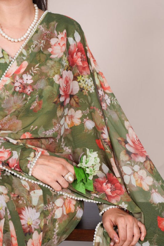 Elegant Pearl Lace Detailing Floral Printed Saree