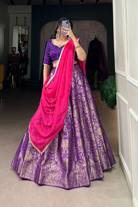 Jacquard Silk Zari Weaving Work South Indian Style Lehenga Set In Purple