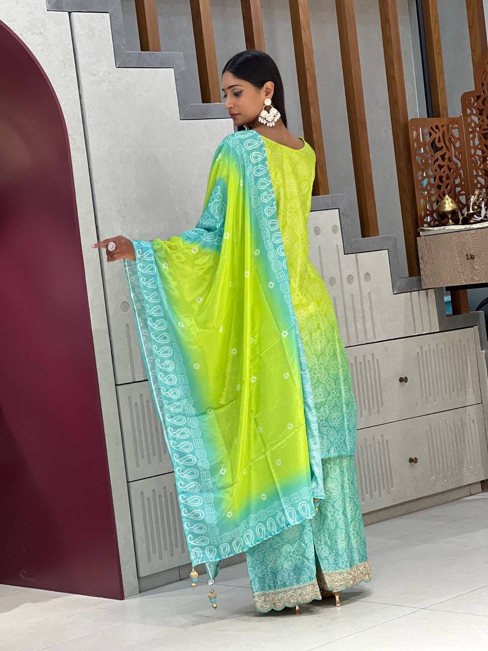Palimpsest Green And Blue Chinon Embroidery With Bandhani Printed Suit Set