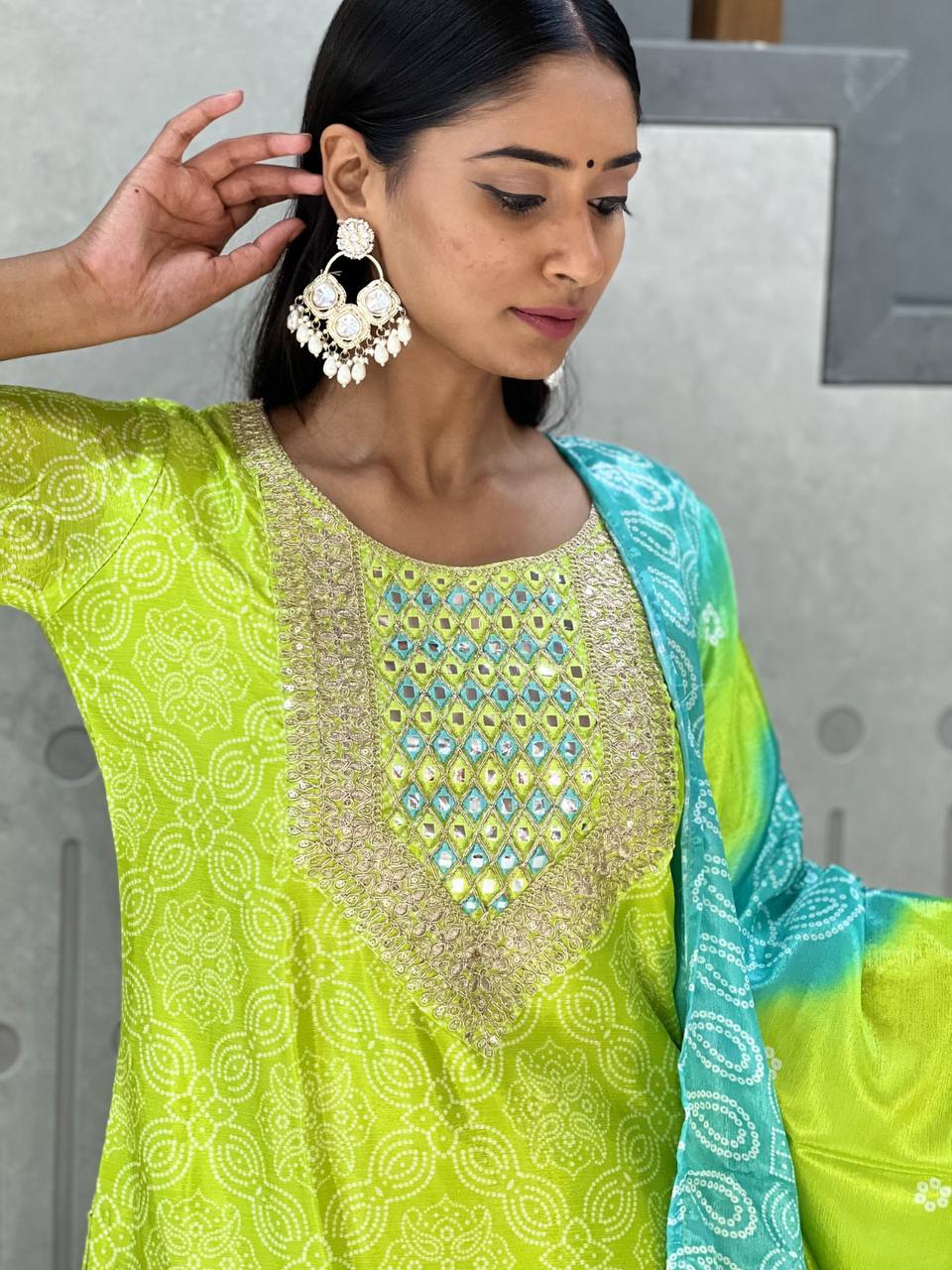 Palimpsest Green And Blue Chinon Embroidery With Bandhani Printed Suit Set