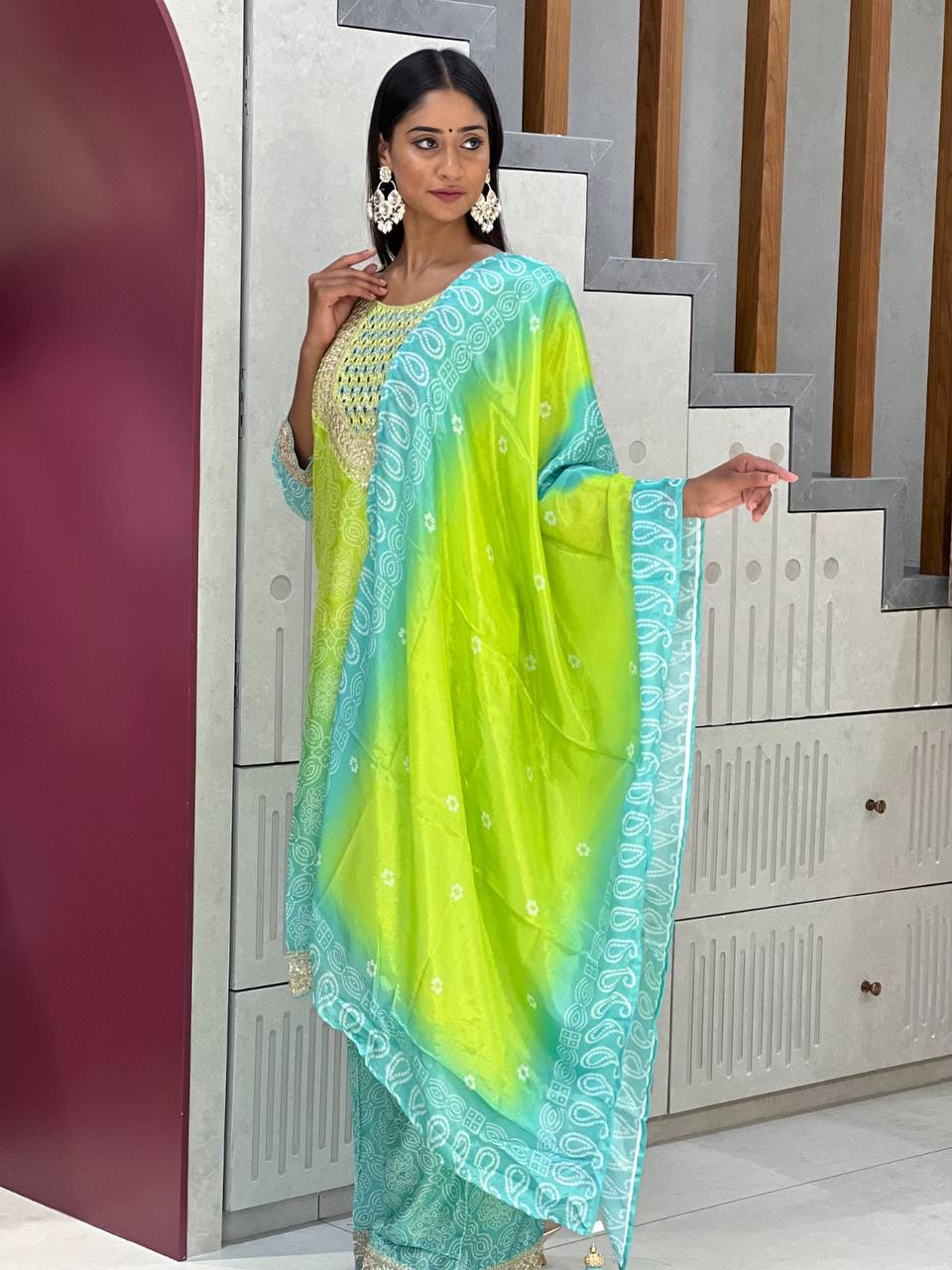 Palimpsest Green And Blue Chinon Embroidery With Bandhani Printed Suit Set